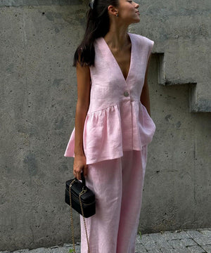 Stylish Pink V-Neck Sleeveless Top and Long Pants Suit Set