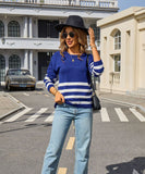 Relaxed Patchwork Striped Sweater With Round Neck Casual