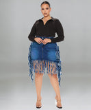 Plus Size Women's Denim Fringed Skirt in Black and Blue
