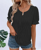 Chic V-Neck Puffed Sleeve Jacquard Casual Loose T-Shirt