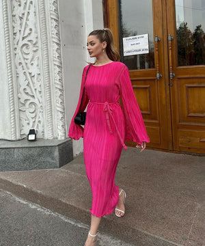 Elegant Lace-Up Pleated Flared Dress with Long Sleeves