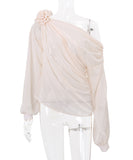 Chic Sexy Fashion Diagonal Shoulder Chiffon Slim-Fit T-Shirt