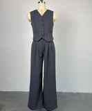 V Neck Sleeveless Vest and Wide Leg Trousers Set in Grey Khaki
