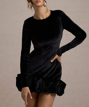 Velvet Round Neck 3D Pleated Dress With Long Sleeves Black