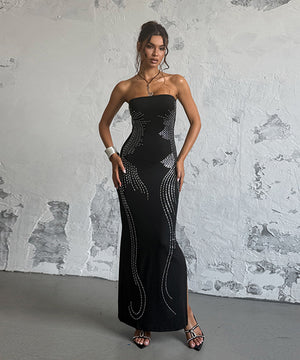 Sleeveless Beaded Plunging Neck Evening Dress Black