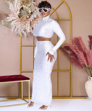 Chic Long Sleeve Top Bag Hip Split Skirt Two-Piece Set for Elegant Versatility