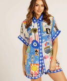 Positioned Print Open Cardigan Shirt And Short Pants Set