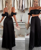 Elegant Plunging Pleated Pants Set Solid Colors Everyday