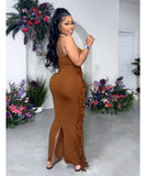 Strapless Tight-Fitting Slit Fringed Plus-Size Women's Dress