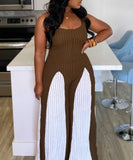 Sexy Sheer Wide-Leg Knitted Halter Top Color-Block Pants