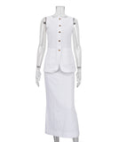 Chic White Square Neck Sleeveless Vest and High-Waisted Skirt Set