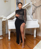 Sequined High-Neck Evening Dress Long-Sleeve High-Slit