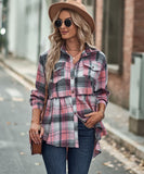 Collared Long Sleeve Pocket Casual Check Shirt Polyester