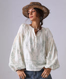 Loose Floral Embroidered Long Sleeve Shirt Viscose Blend