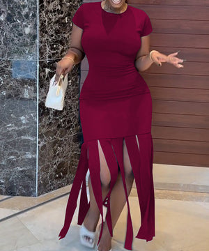 Slim Solid Color Fringe Base Dress for Elegant Casual Wear