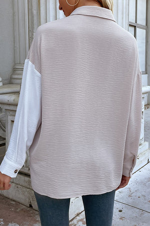 Cowl Neck Color Block Long Sleeve Shirt with Pocket