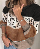 Classic Womens Leopard Patchwork Relaxed Knit Sweater
