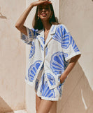Relaxing Loose Printed V Neck Homewear Set Blue Polyester