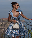 Sexy Printed Lace A Line Skirt Blue Red Polyester Fashion