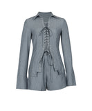 Casual Striped Lapel Shirt Set With Front Tie Shorts