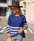 Relaxed Patchwork Striped Sweater With Round Neck Casual