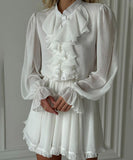 Chic Peplum Stand Collar Long Sleeve Elastic Waist A-Line Skirt