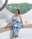 Loose Wide Leg Pants with Drawstring Waist in Blue and Black