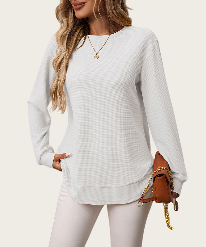 Loose Waffle Blouse Relaxed Fit Long-Sleeved Top Essentials
