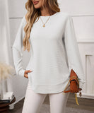 Loose Waffle Blouse Relaxed Fit Long-Sleeved Top Essentials