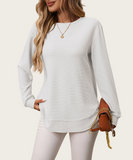 Loose Waffle Blouse Relaxed Fit Long-Sleeved Top Essentials