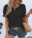 Chic V-Neck Puffed Sleeve Jacquard Casual Loose T-Shirt
