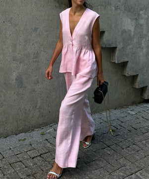 Stylish Pink V-Neck Sleeveless Top and Long Pants Suit Set