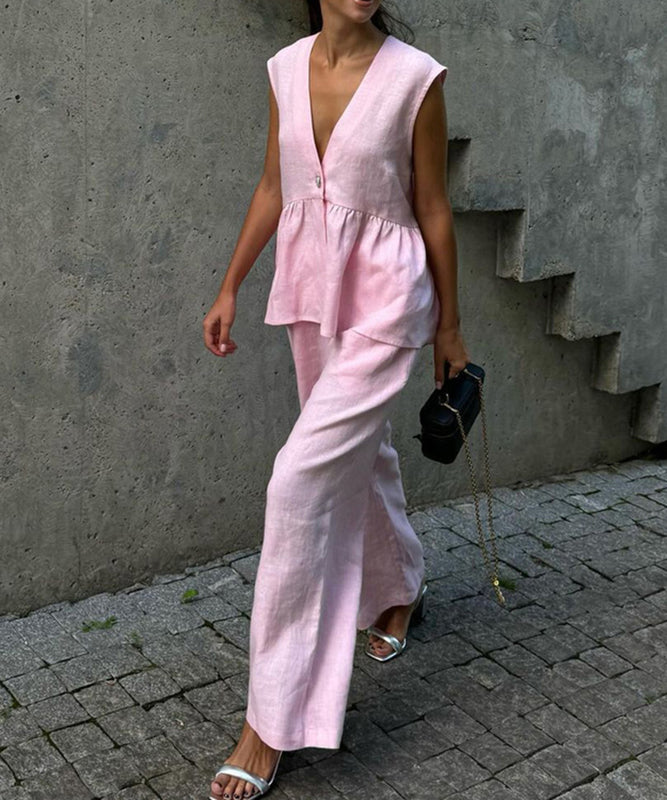 Stylish Pink V-Neck Sleeveless Top and Long Pants Suit Set