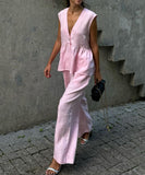 Stylish Pink V-Neck Sleeveless Top and Long Pants Suit Set