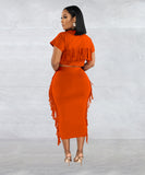 A Two-Piece Set of Solid-Color Fringed Round-Neck Short-Sleeve Long Dress