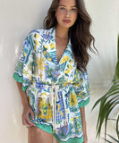 Fashionable Tie-Dye Lace One-Piece Pants in Blue Green