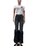 Fashionable Denim Jeans with Beaded and Fur Detailing