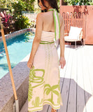 Sexy Form-Fitting Long Dress with Neck Tie Design in Green Black