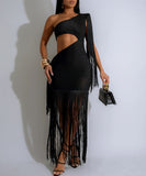 Asymmetric Single Shoulder Fringed Long Dress in Black Gold Blue
