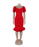 Stretch Wrap Hip Waist Lantern Sleeve Wavy Hem Dress for Flattering Fit