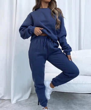 Chic Solid Color Crew Neck Sweatshirt and Casual Pants Set