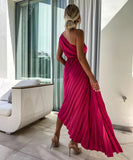 Fashion Sexy Oblique Shoulder Pleated Hollow Gown in Chic Colors