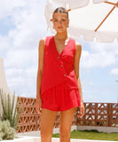 Solid Color Shorts And V Neck Pullover With Waistband
