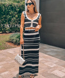 Bohemian Color-Blocked Knitted Vest Top and Skirt Set for Women