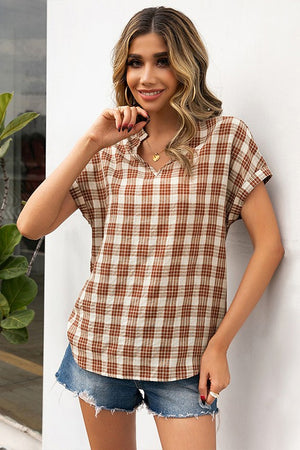 Plaid V-Neck Short Sleeve Casual Shirt for Everyday Style