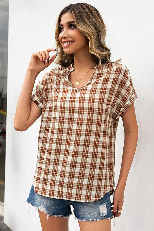 Plaid V-Neck Short Sleeve Casual Shirt for Everyday Style
