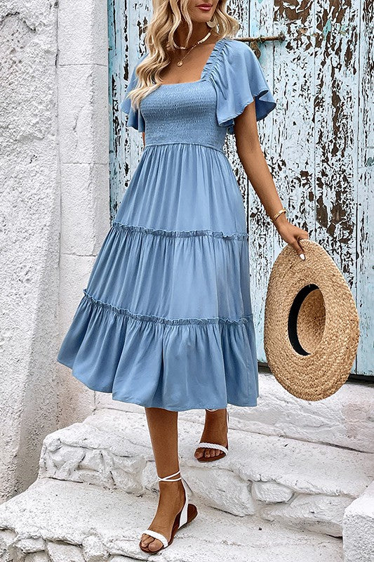 Chic Blue Smocked Short Sleeve Dress