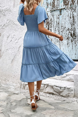 Chic Blue Smocked Short Sleeve Dress