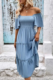 Chic Blue Smocked Short Sleeve Dress
