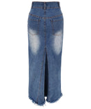 High-Waisted Denim Fringe Fishtail Skirt for Trendy Style